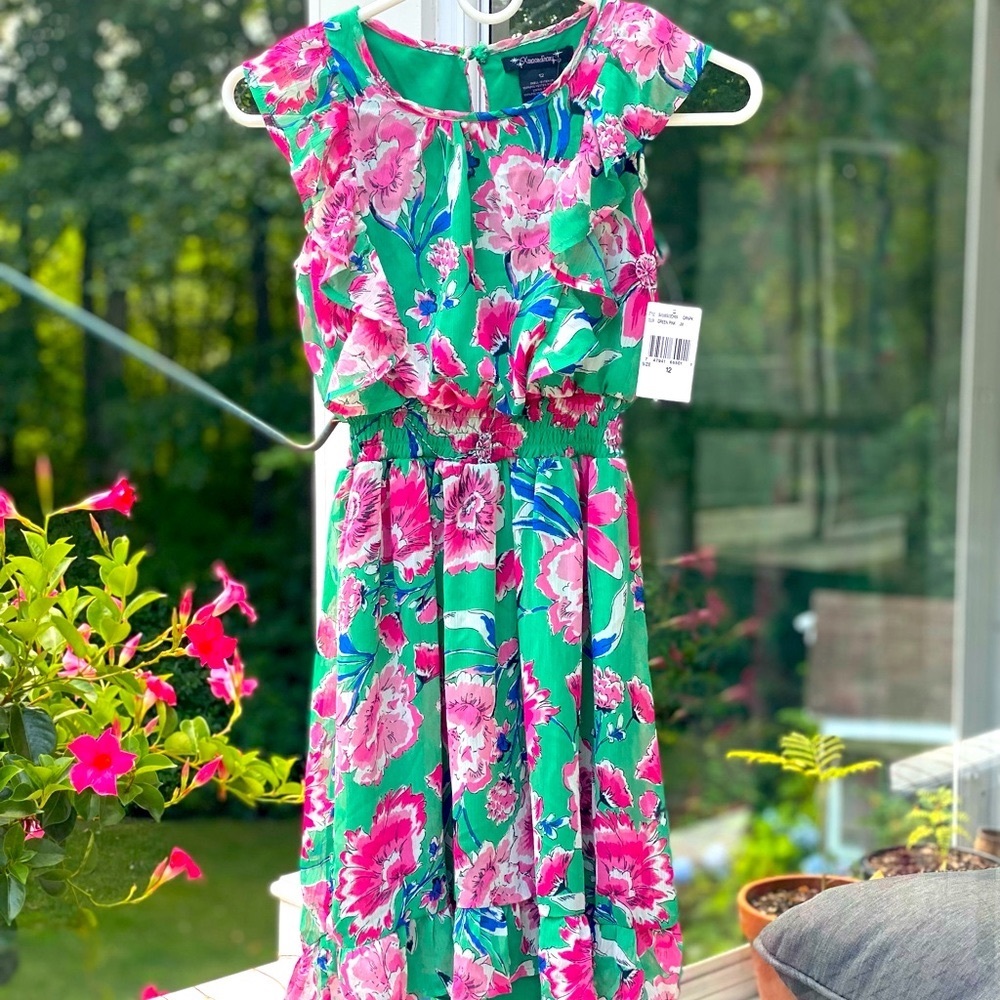 Kids green and pink floral dress